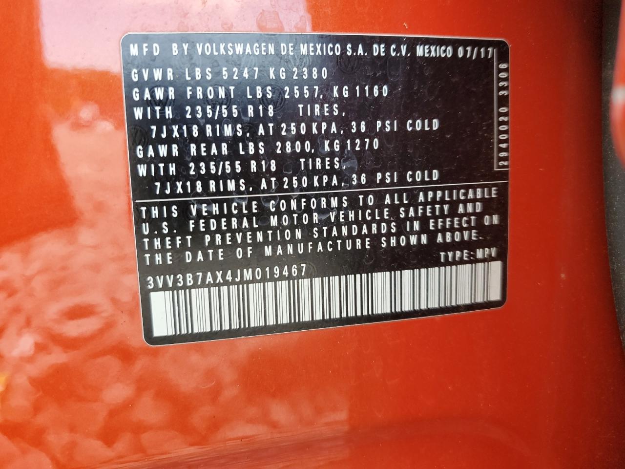 2018 Volkswagen Tiguan Se VIN: 3VV3B7AX4JM019467 Lot: 82189665