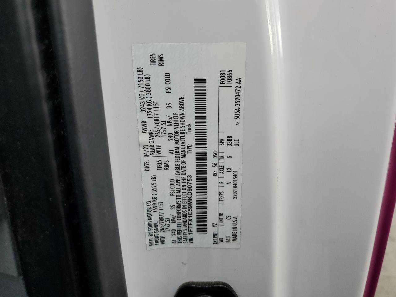 2021 Ford F150 Super Cab VIN: 1FTFX1E59MKD90753 Lot: 82211845