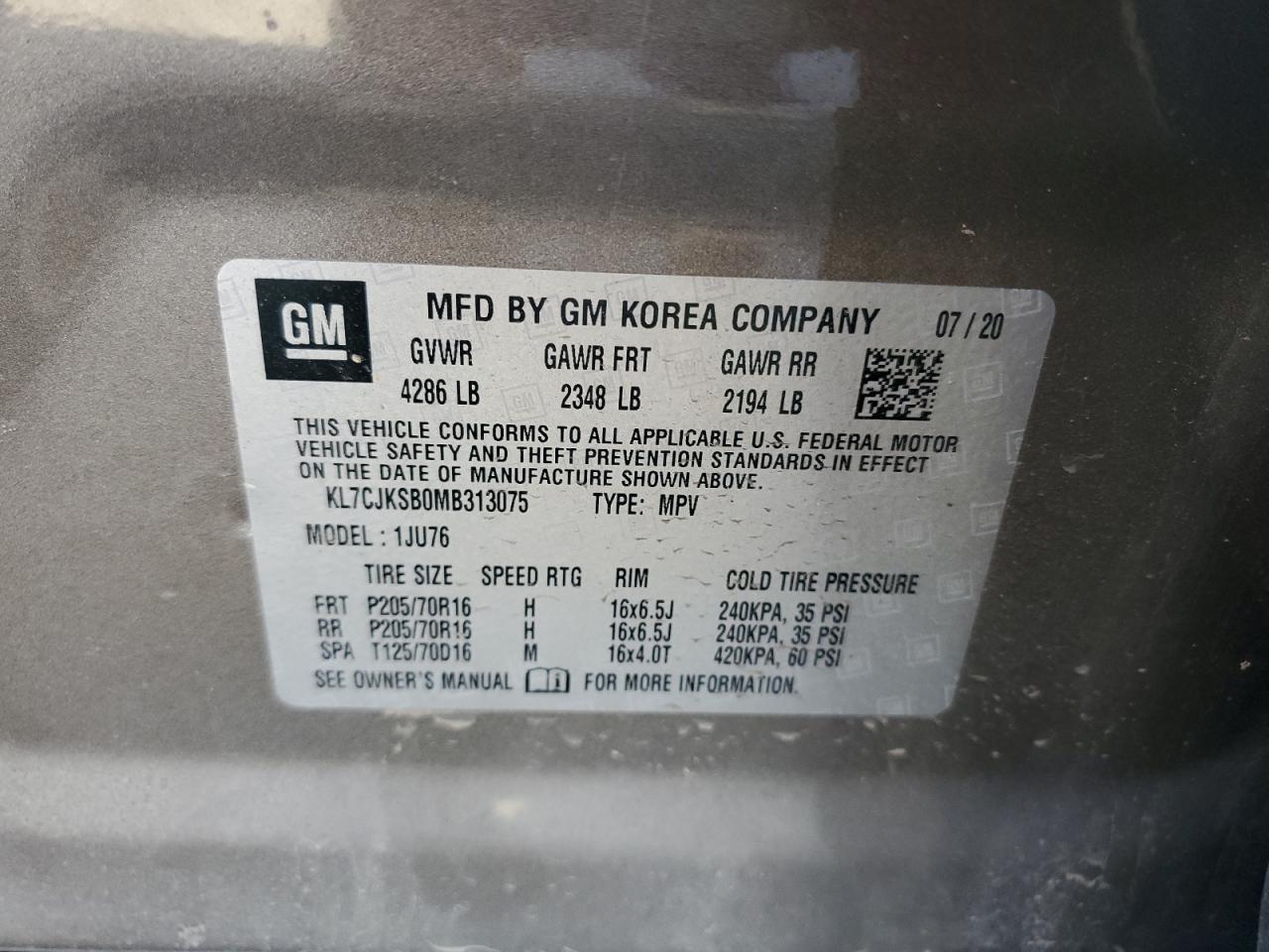 2021 Chevrolet Trax Ls VIN: KL7CJKSB0MB313075 Lot: 86099735