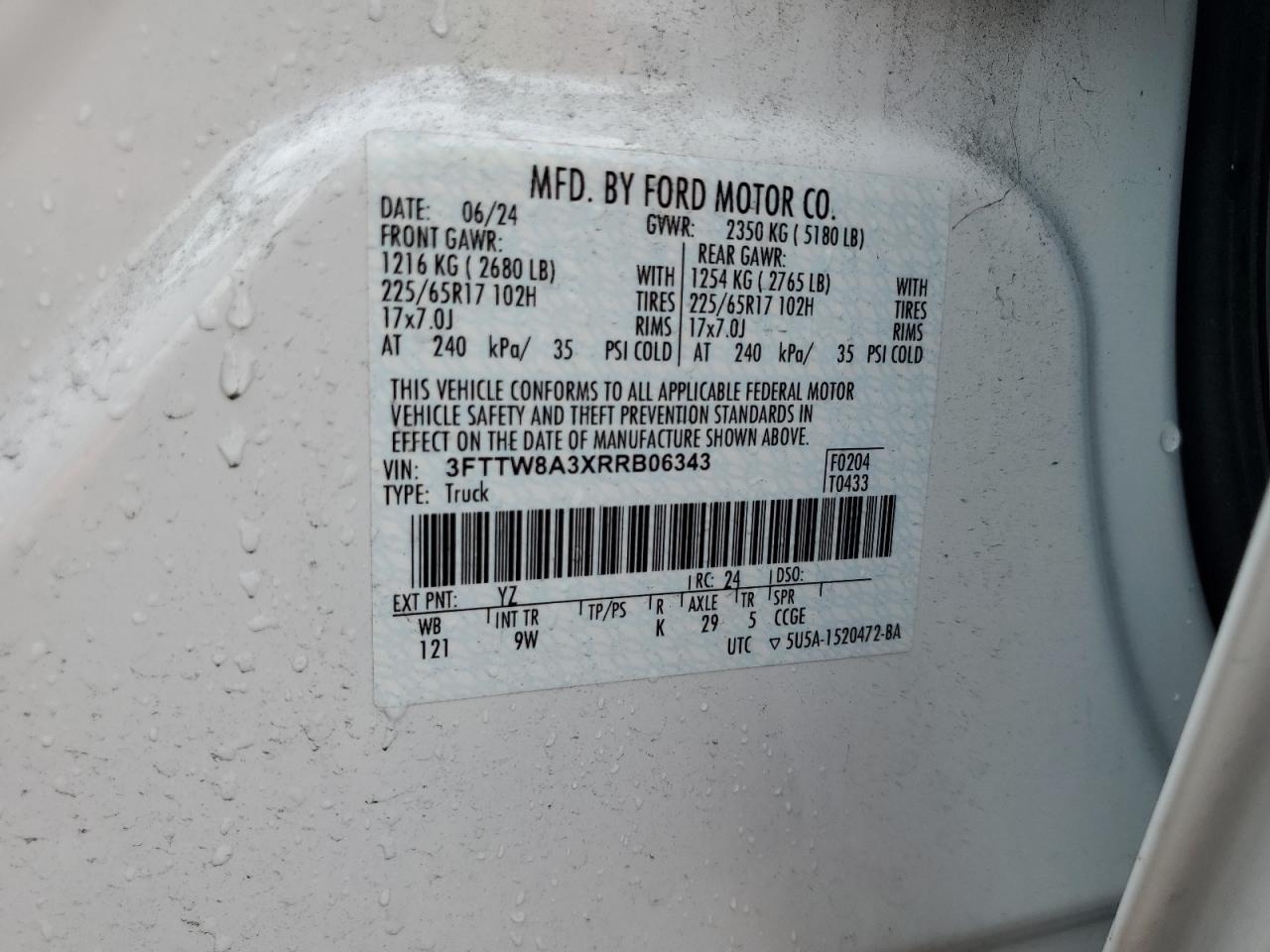 2024 Ford Maverick Xl VIN: 3FTTW8A3XRRB06343 Lot: 85883855