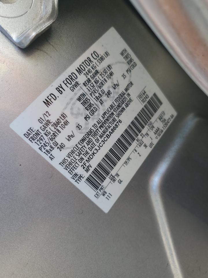 2012 Ford Edge Sel VIN: 2FMDK3JC3CBA86876 Lot: 90784595