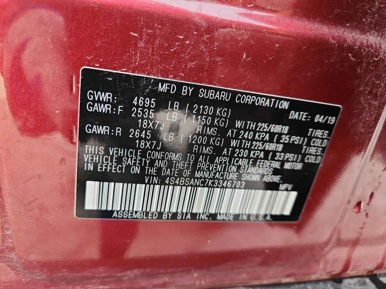 2019 Subaru Outback 2.5I Limited VIN: 4S4BSANC7K3346703 Lot: 85957425