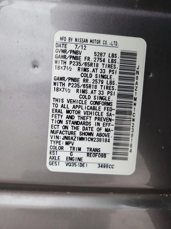 2012 Nissan Murano S VIN: JN8AZ1MW1CW238184 Lot: 90084395