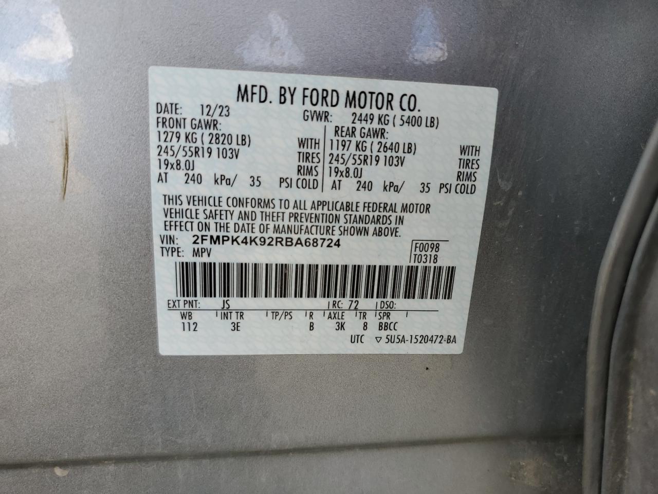 2024 Ford Edge Titanium VIN: 2FMPK4K92RBA68724 Lot: 84924075