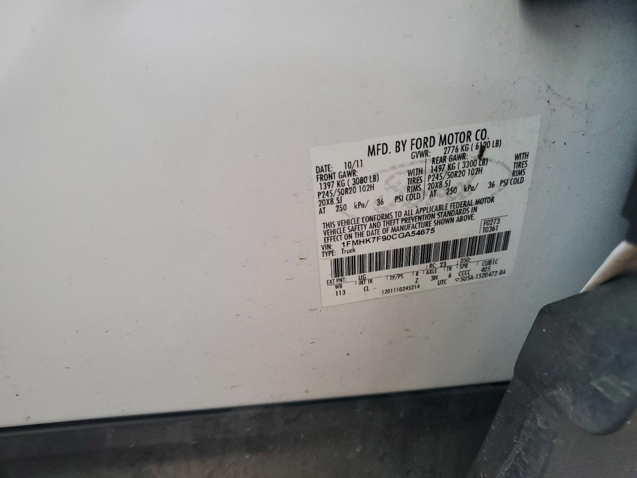 2012 Ford Explorer Limited VIN: 1FMHK7F90CGA54675 Lot: 82201295