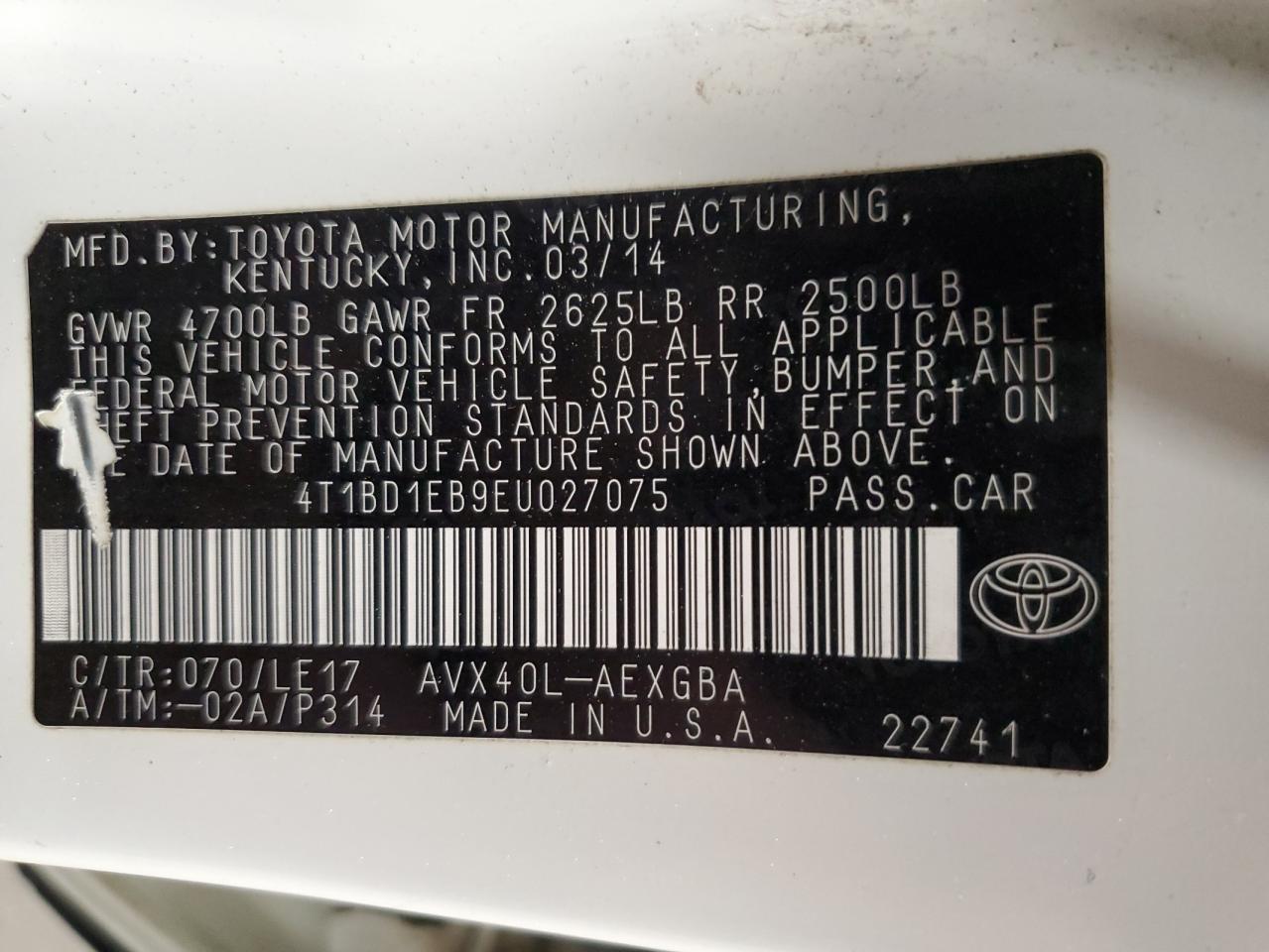 2014 Toyota Avalon Hybrid VIN: 4T1BD1EB9EU027075 Lot: 90353065