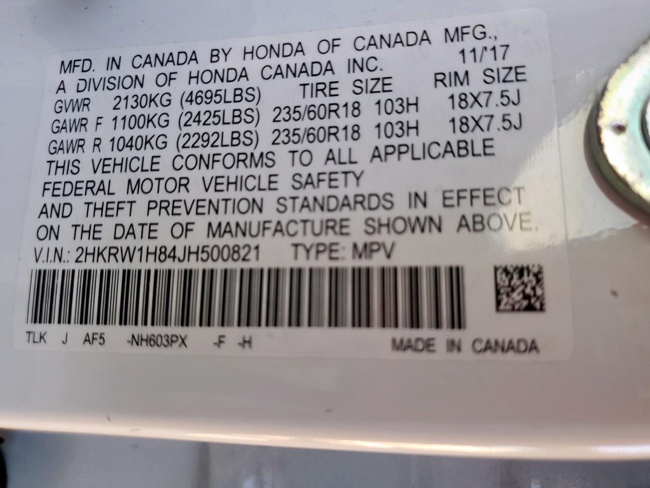 2018 Honda Cr-V Exl VIN: 2HKRW1H84JH500821 Lot: 85488825