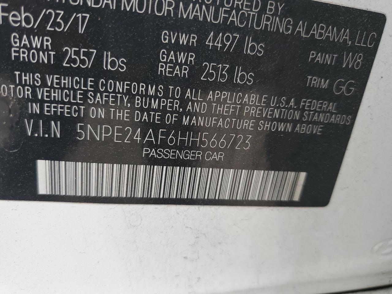 2017 Hyundai Sonata Se VIN: 5NPE24AF6HH566723 Lot: 86223075