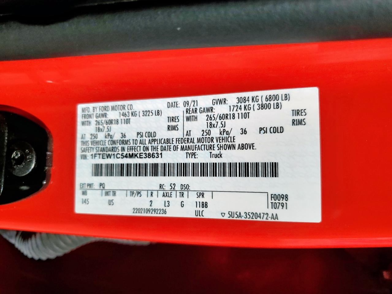 2021 Ford F150 Supercrew VIN: 1FTEW1C54MKE38631 Lot: 84775105