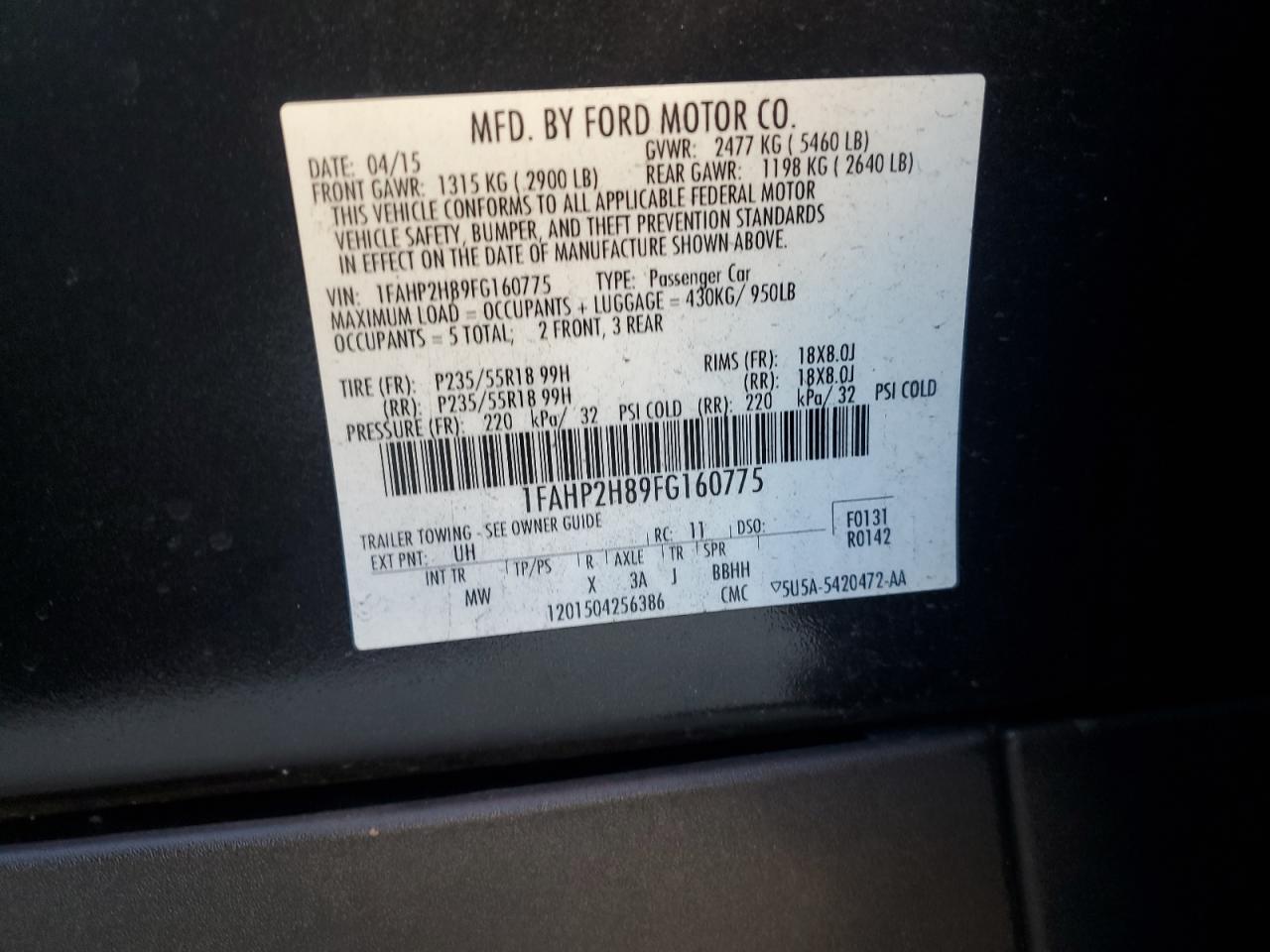 2015 Ford Taurus Sel VIN: 1FAHP2H89FG160775 Lot: 87042625