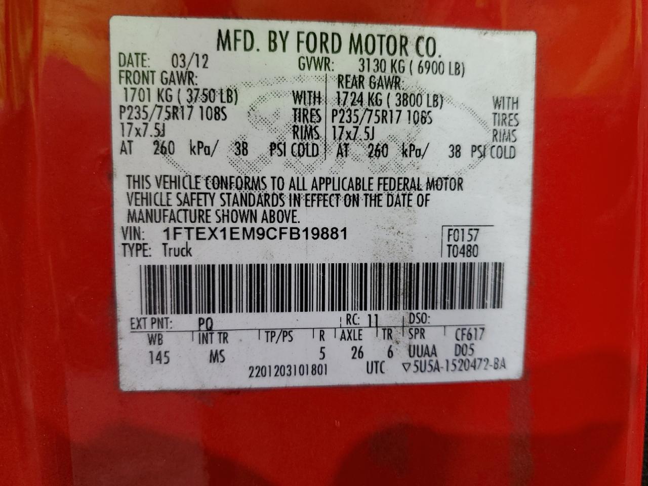 2012 Ford F150 Super Cab VIN: 1FTEX1EM9CFB19881 Lot: 87250845