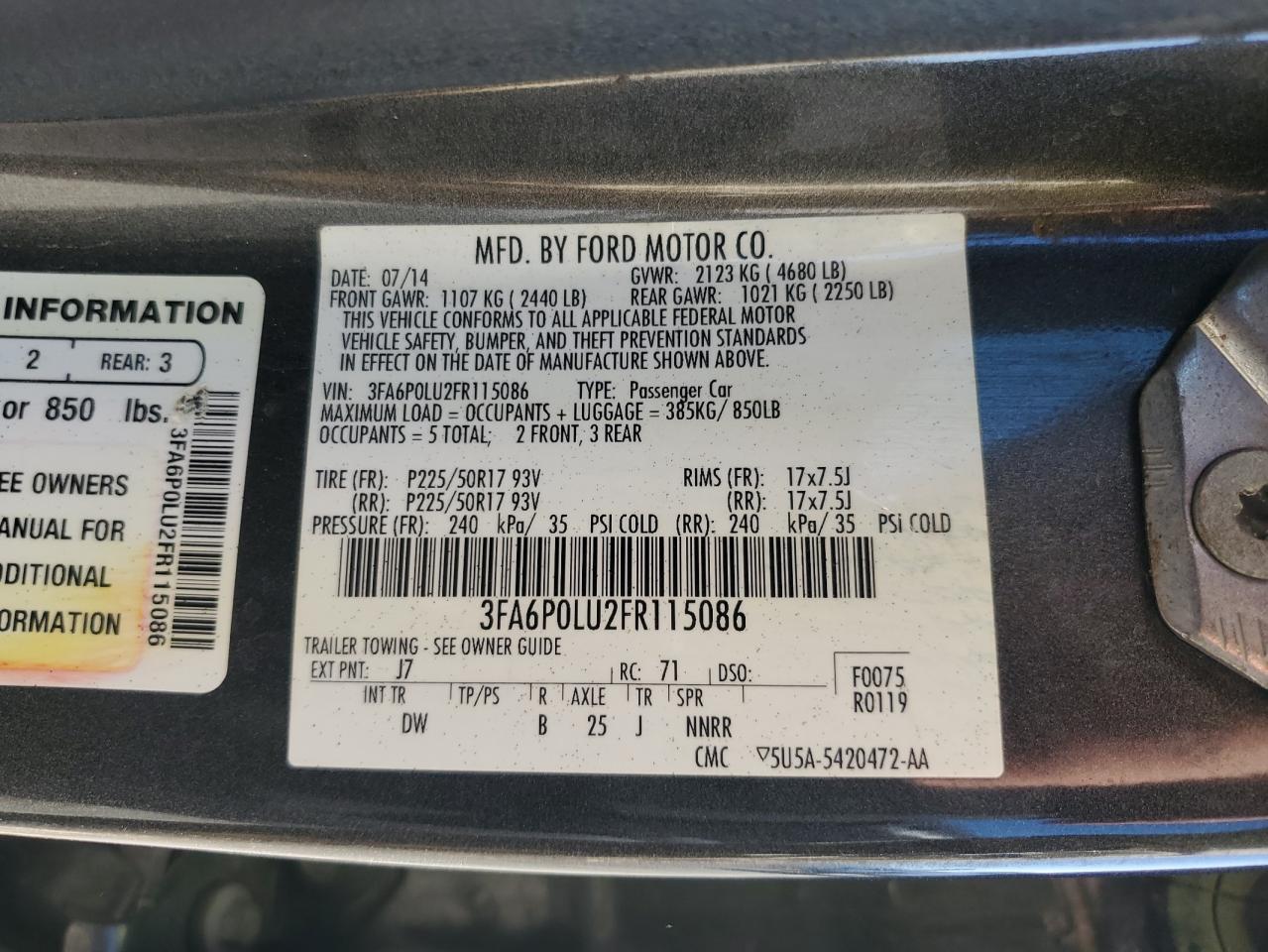 2015 Ford Fusion Se Hybrid VIN: 3FA6P0LU2FR115086 Lot: 85848535