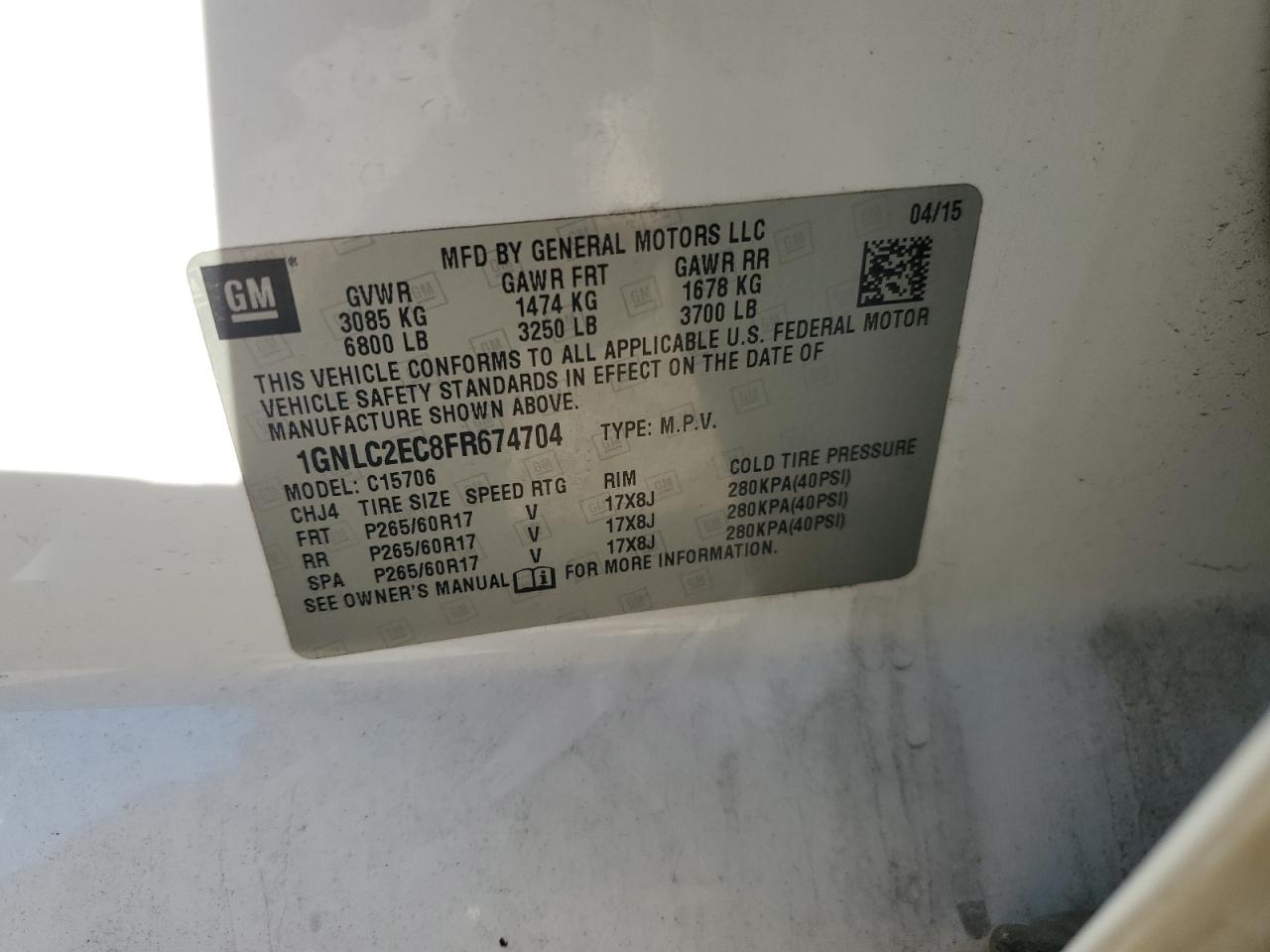 2015 Chevrolet Tahoe Police VIN: 1GNLC2EC8FR674704 Lot: 86450345