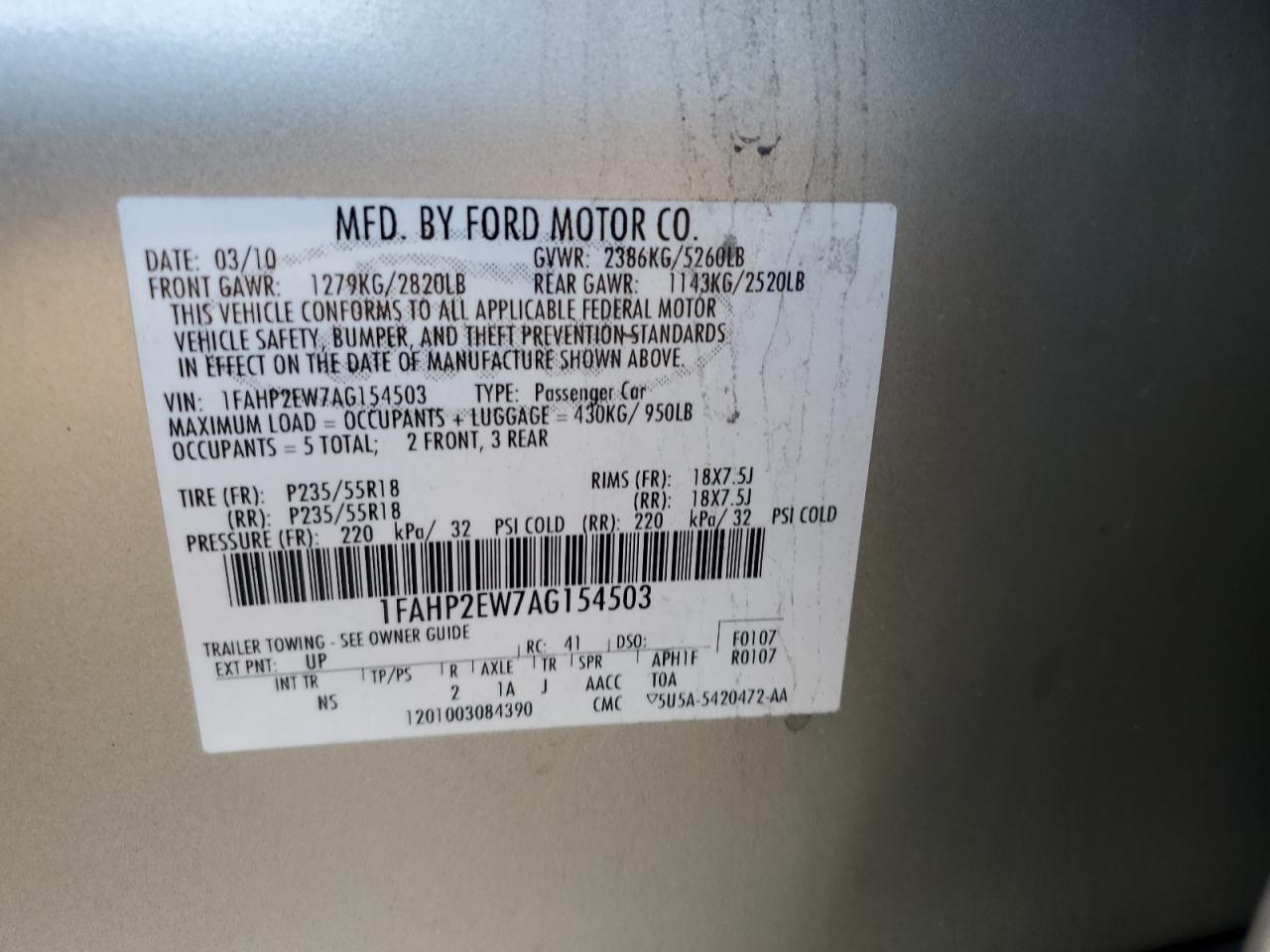 2010 Ford Taurus Sel VIN: 1FAHP2EW7AG154503 Lot: 84062415