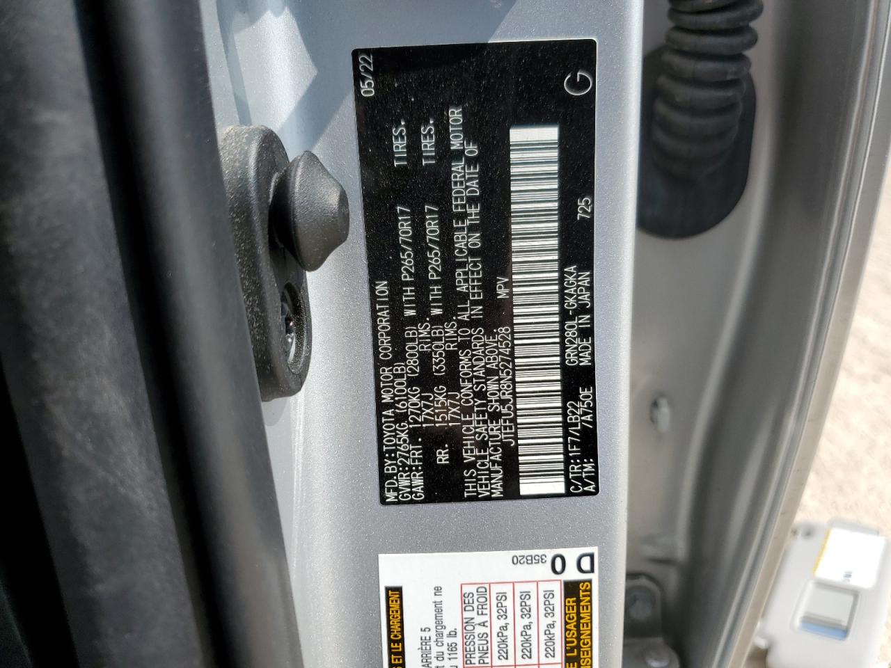 2022 Toyota 4Runner Sr5 VIN: JTEFU5JR8N5274528 Lot: 82607715