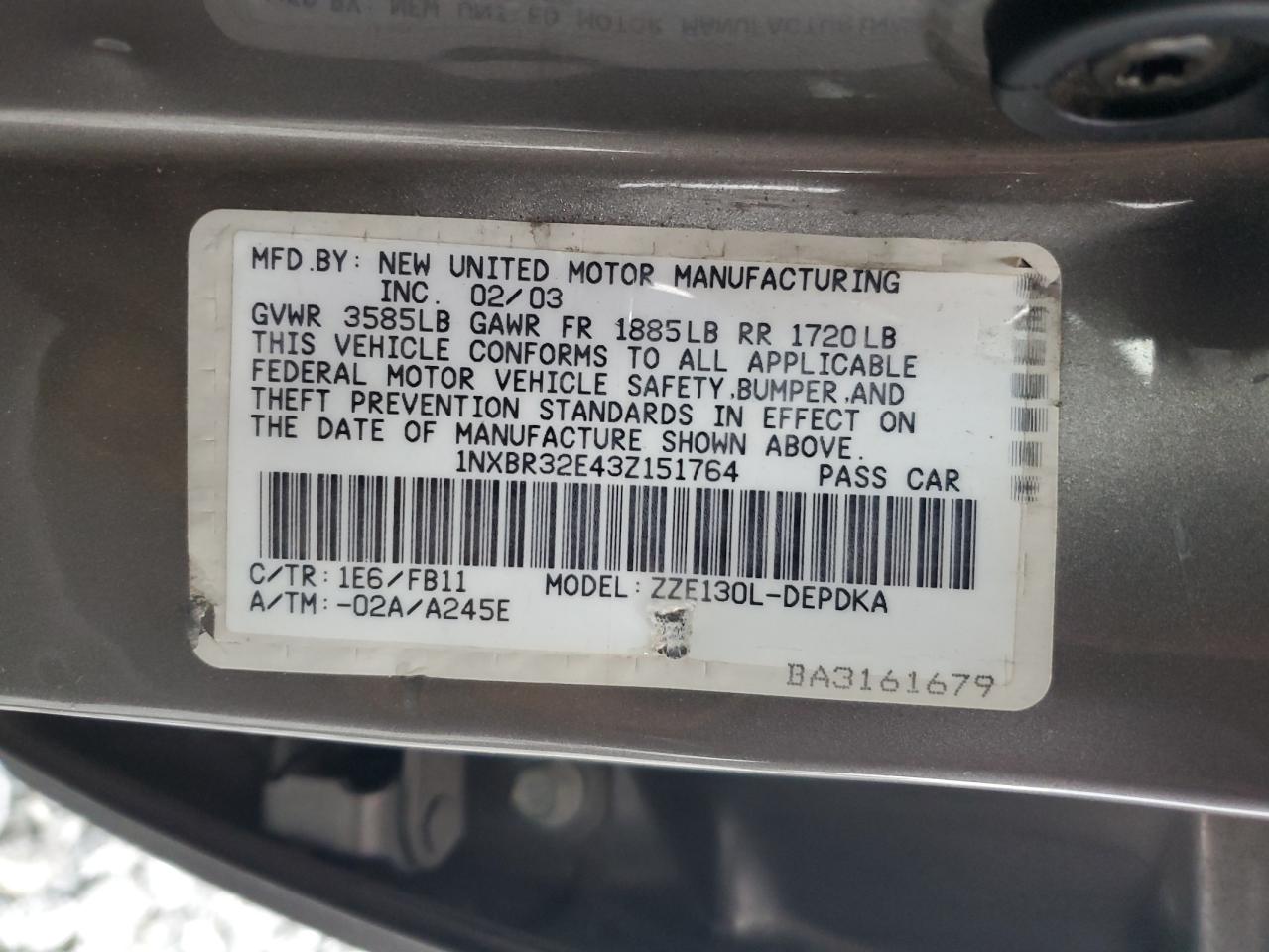 2003 Toyota Corolla Ce VIN: 1NXBR32E43Z151764 Lot: 82673005