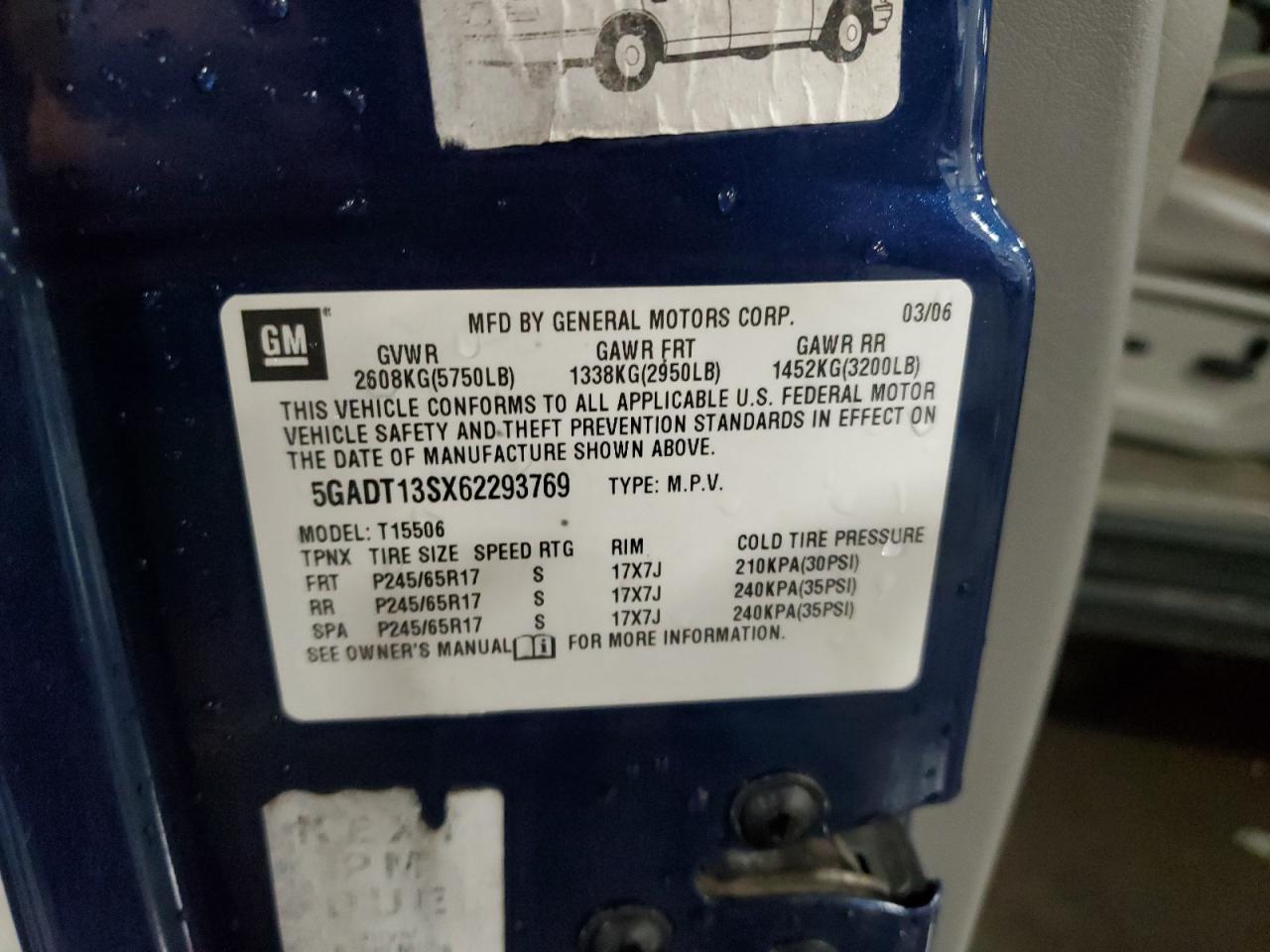 2006 Buick Rainier Cxl VIN: 5GADT13SX62293769 Lot: 89710365