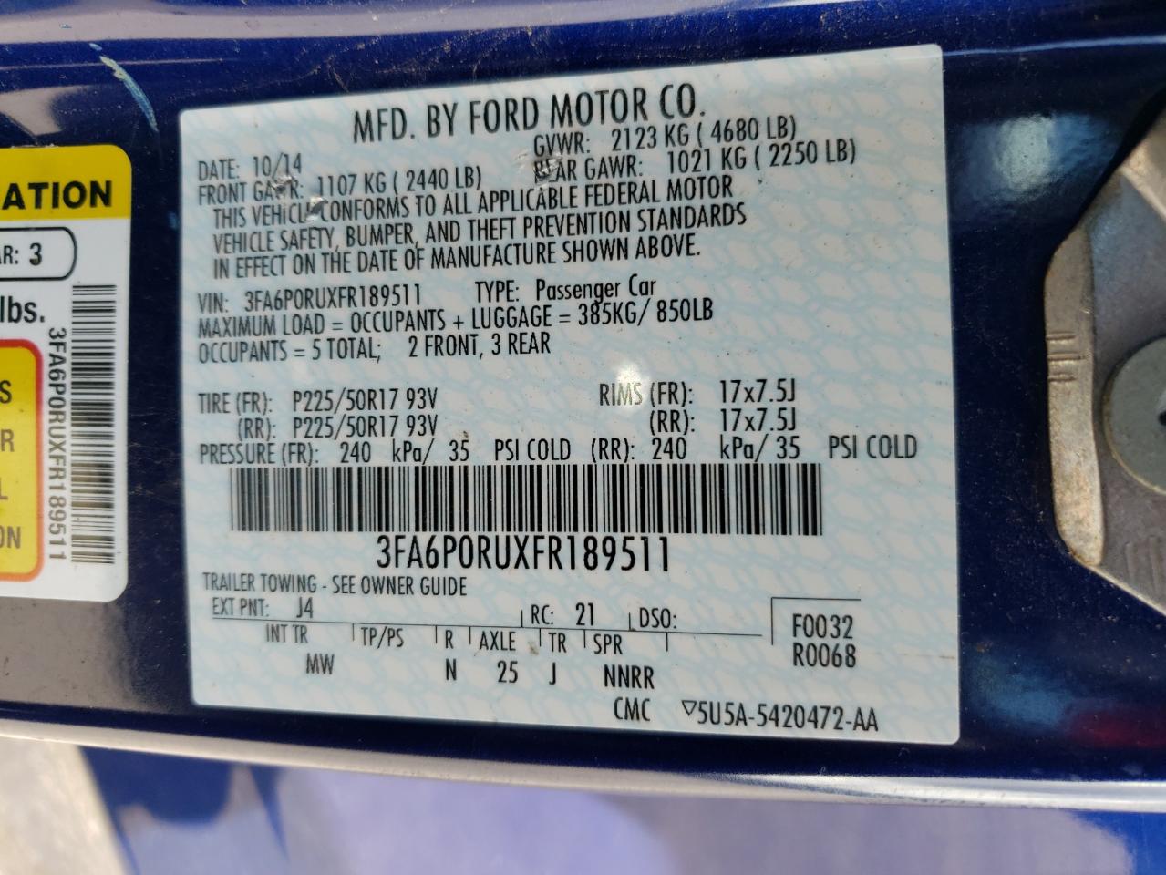 2015 Ford Fusion Titanium Hev VIN: 3FA6P0RUXFR189511 Lot: 82208745