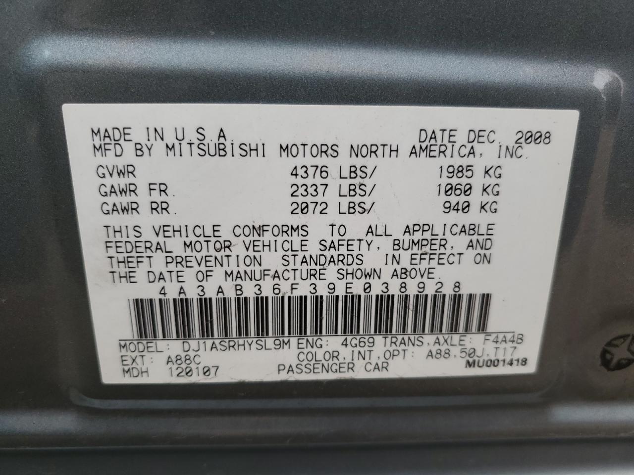 2009 Mitsubishi Galant Es VIN: 4A3AB36F39E038928 Lot: 82324465