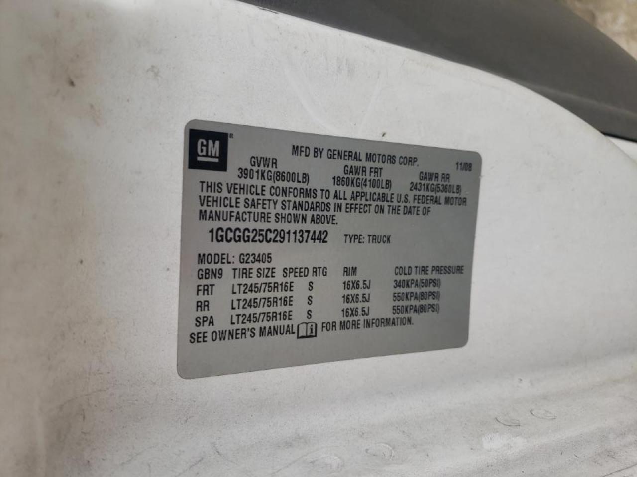 2009 Chevrolet Express 2500 Utility / Service Van VIN: 1GCGG25C291137442 Lot: 87030035