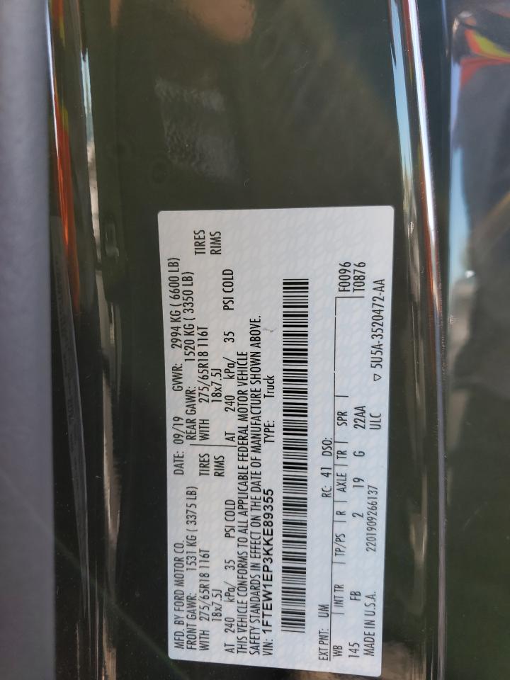 2019 Ford F150 Supercrew VIN: 1FTEW1EP3KKE89355 Lot: 85564015