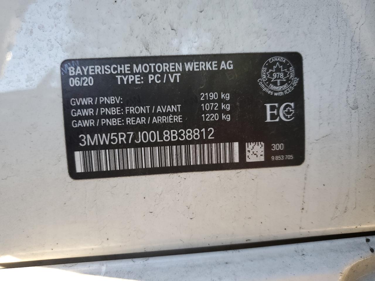 2020 BMW 330Xi VIN: 3MW5R7J00L8B38812 Lot: 84895495