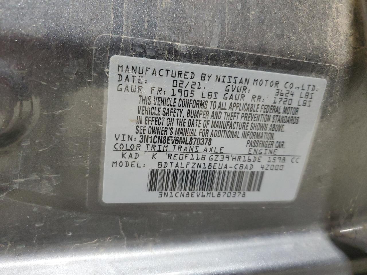 2021 Nissan Versa Sv VIN: 3N1CN8EV6ML870378 Lot: 85907465