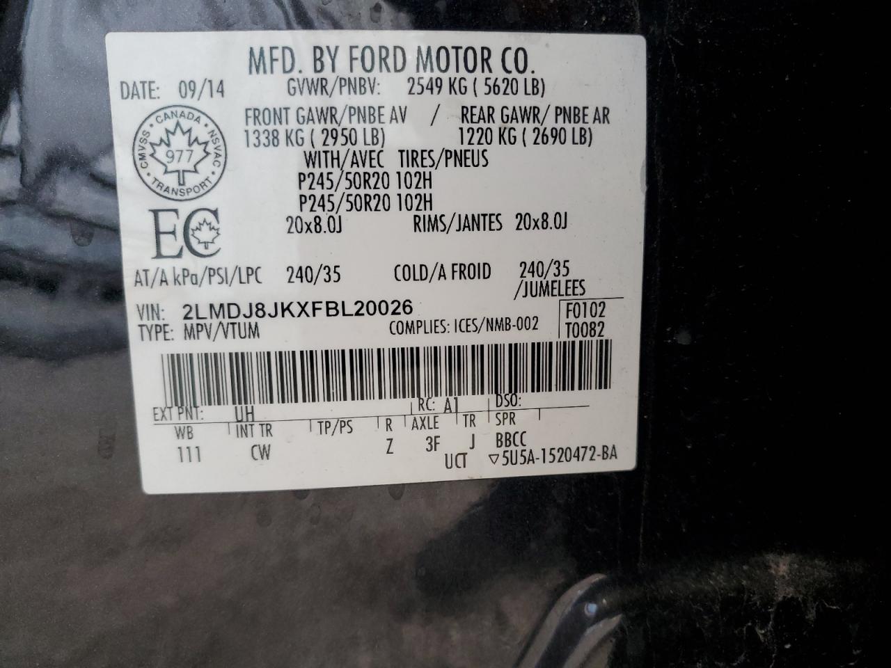 2015 Lincoln Mkx VIN: 2LMDJ8JKXFBL20026 Lot: 86434095