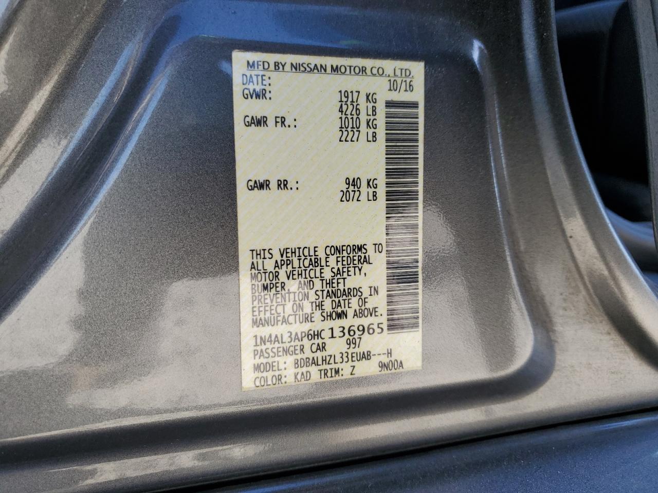 2017 Nissan Altima 2.5 VIN: 1N4AL3AP6HC136965 Lot: 84950195
