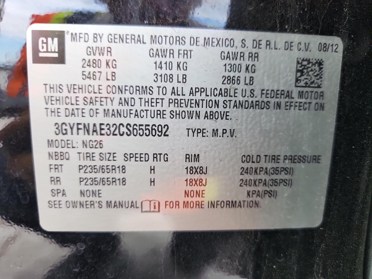 2012 Cadillac Srx Luxury Collection VIN: 3GYFNAE32CS655692 Lot: 86785765