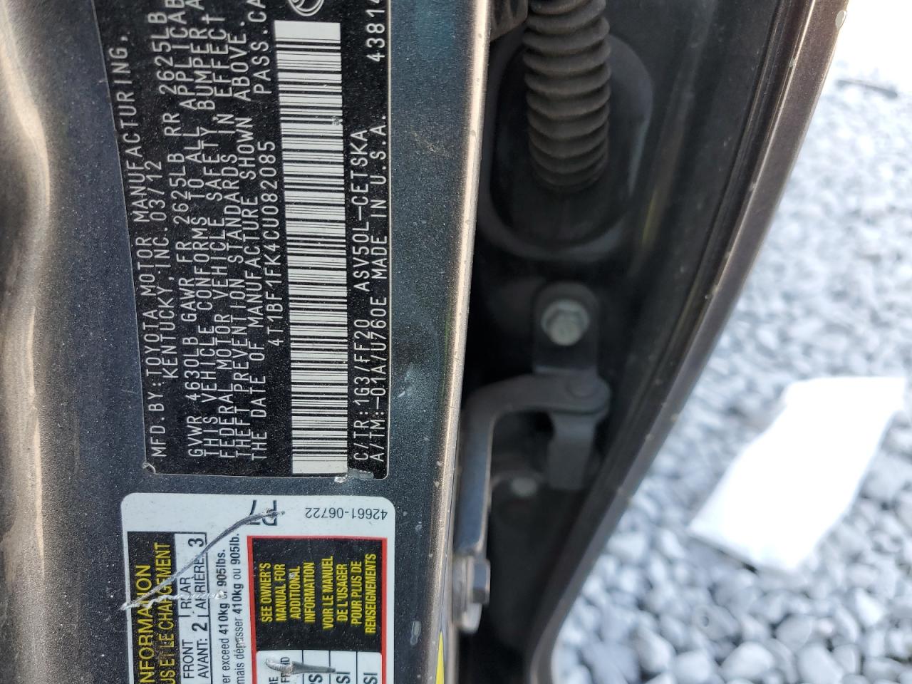 2012 Toyota Camry Base VIN: 4T1BF1FK4CU082085 Lot: 85156765