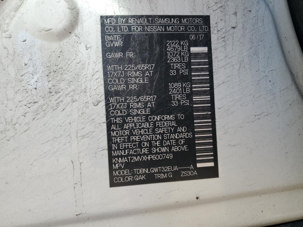 2017 Nissan Rogue S VIN: KNMAT2MVXHP600749 Lot: 85545115