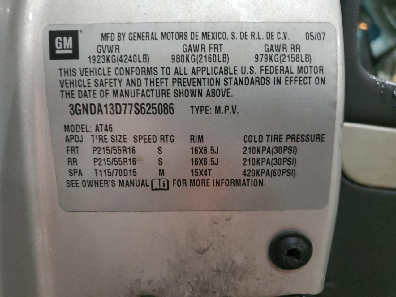 2007 Chevrolet Hhr Ls VIN: 3GNDA13D77S625086 Lot: 82768355