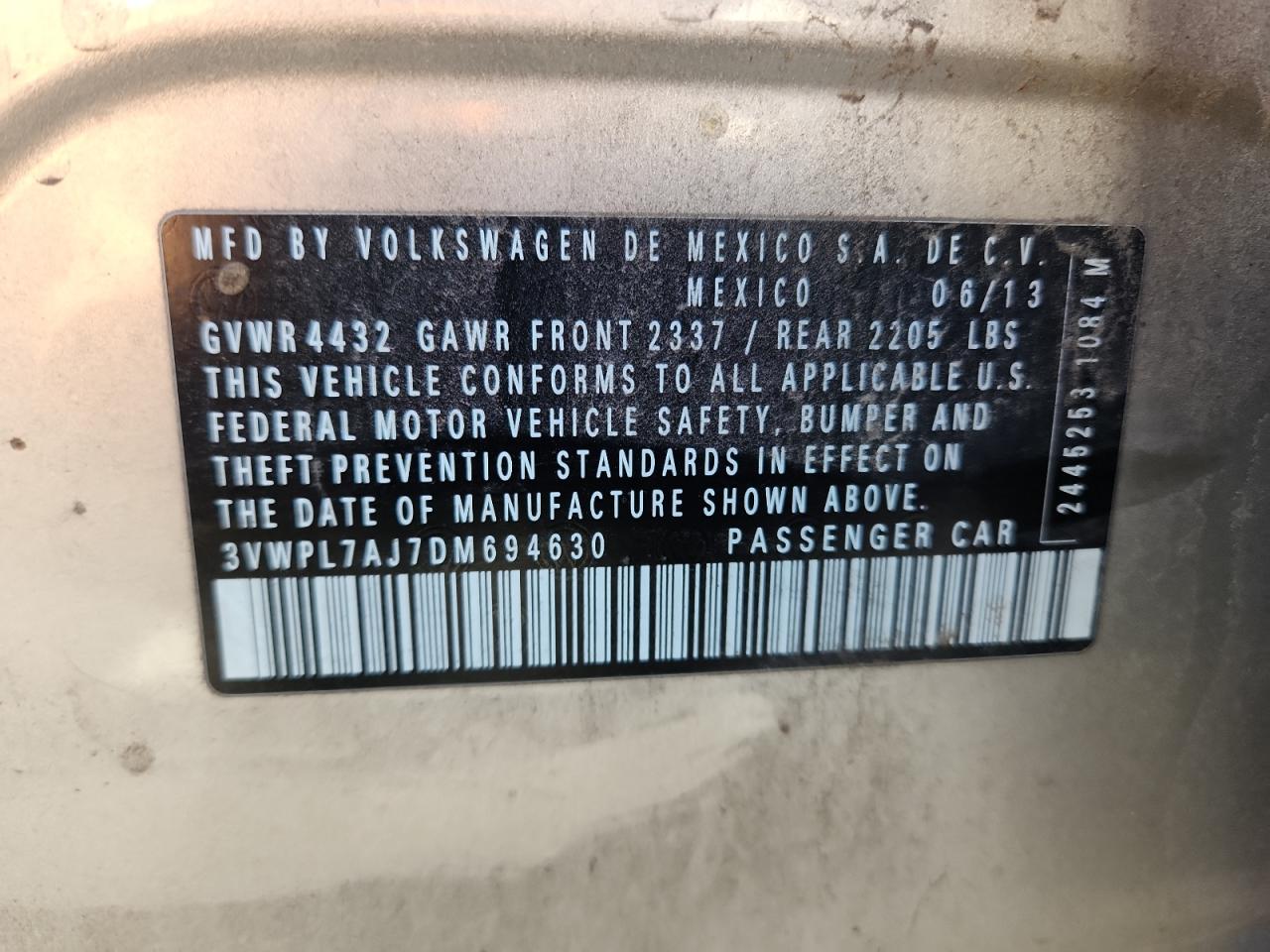 2013 Volkswagen Jetta Tdi VIN: 3VWPL7AJ7DM694630 Lot: 81657505