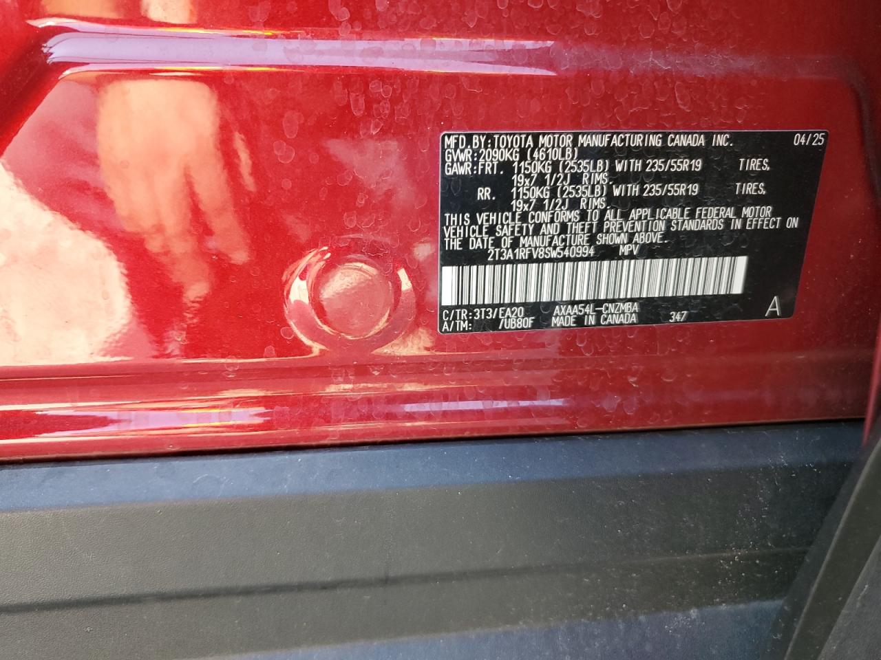 2025 Toyota Rav4 Xle Premium VIN: 2T3A1RFV8SW540994 Lot: 81989485