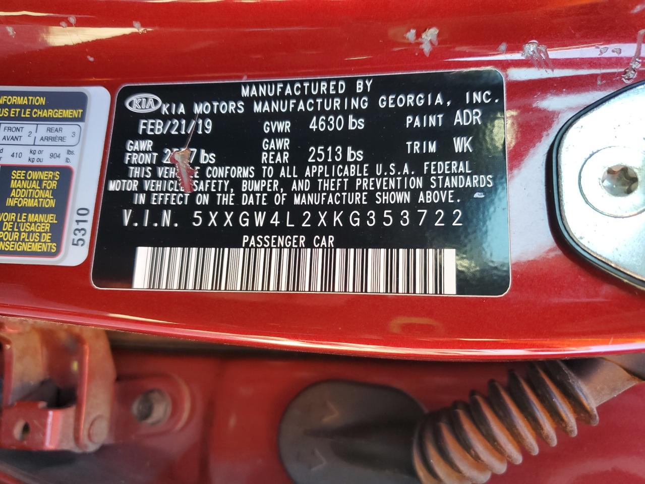 2019 Kia Optima Sx VIN: 5XXGW4L2XKG353722 Lot: 86143695