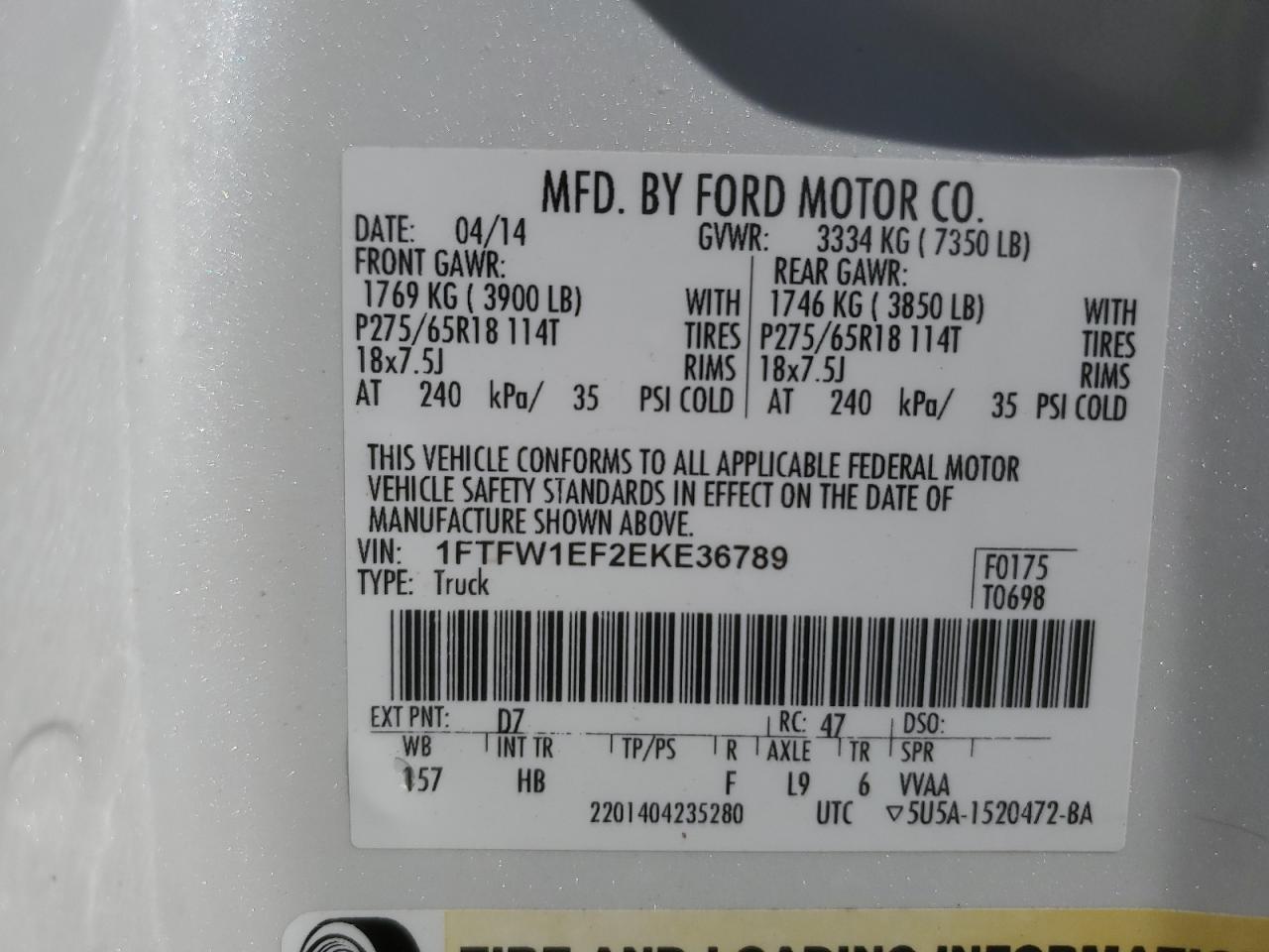 2014 Ford F150 Supercrew VIN: 1FTFW1EF2EKE36789 Lot: 90508485