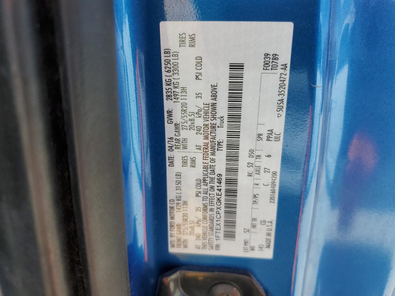 2016 Ford F150 Super Cab VIN: 1FTEX1CPXGKE41469 Lot: 86551075