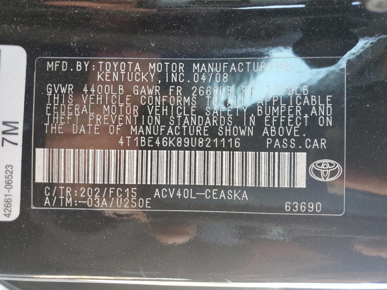 2009 Toyota Camry Base VIN: 4T1BE46K89U821116 Lot: 85523235