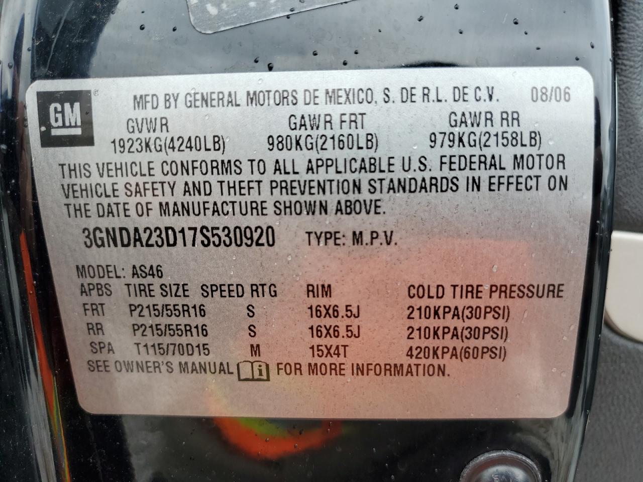 2007 Chevrolet Hhr Lt VIN: 3GNDA23D17S530920 Lot: 82688875