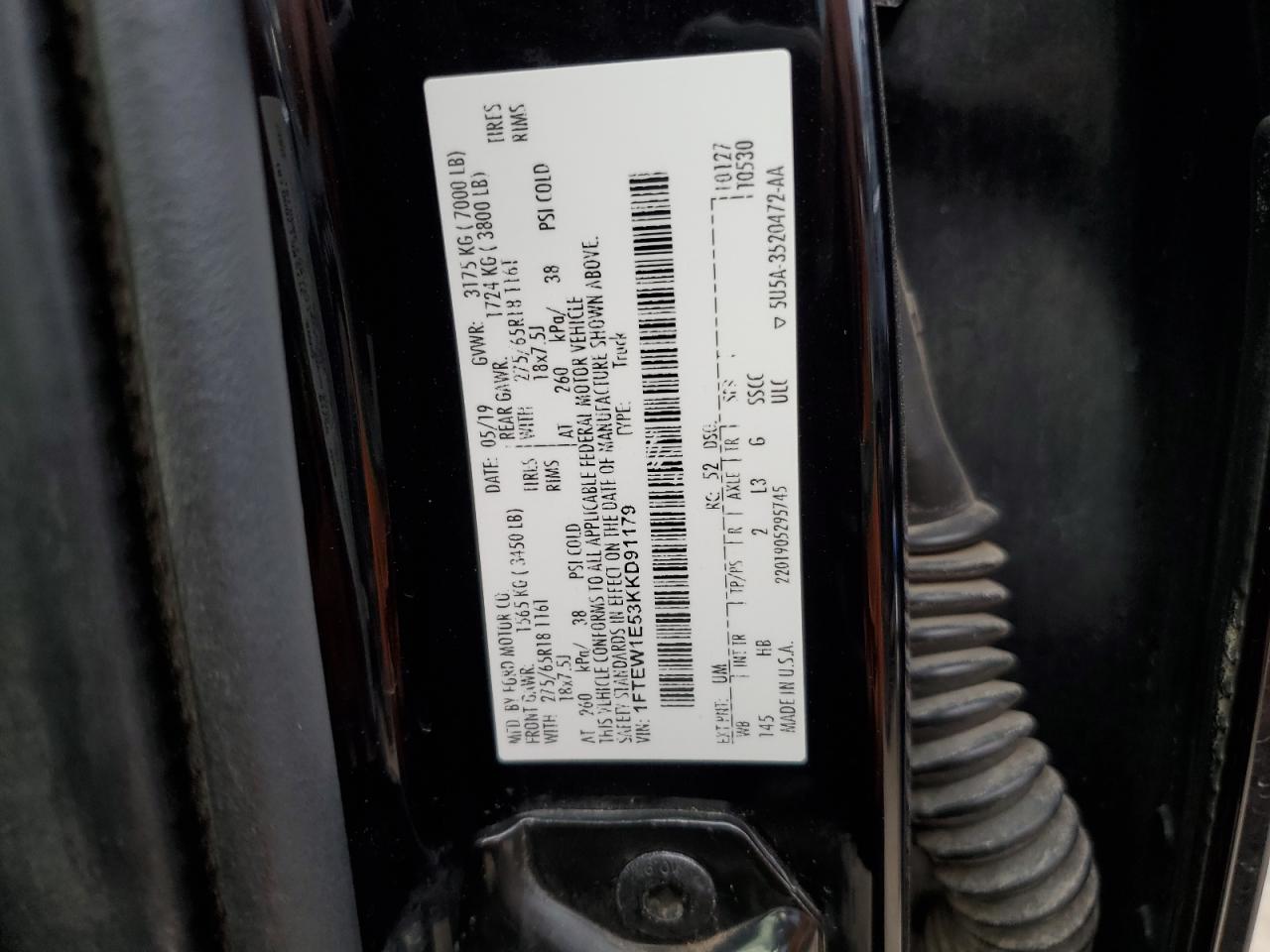 2019 Ford F150 Supercrew VIN: 1FTEW1E53KKD91179 Lot: 83841285