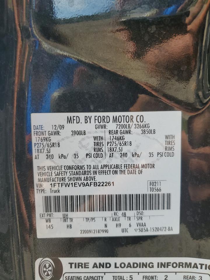 2010 Ford F150 Supercrew VIN: 1FTFW1EV9AFB22261 Lot: 82219085