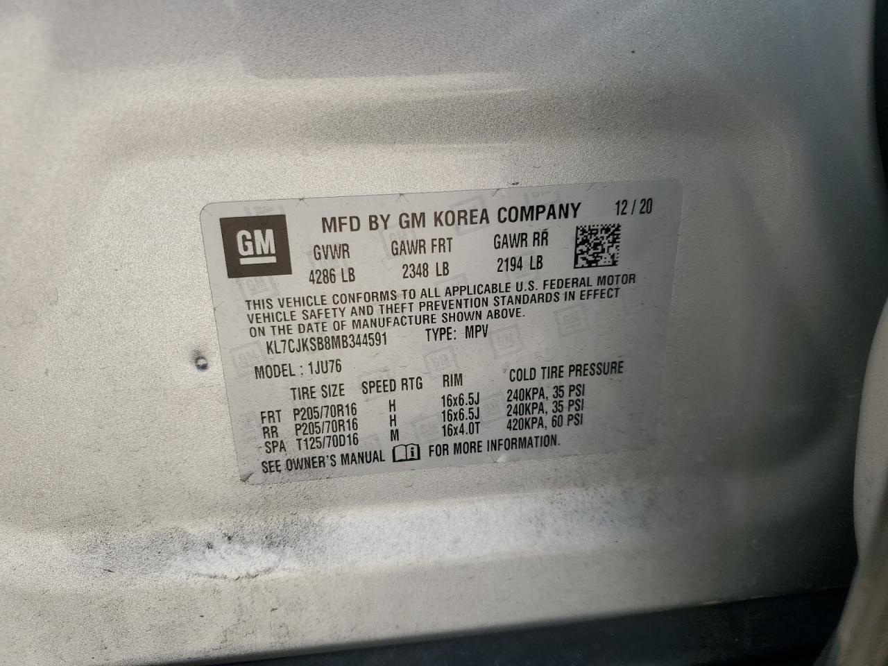 2021 Chevrolet Trax Ls VIN: KL7CJKSB8MB344591 Lot: 90022955