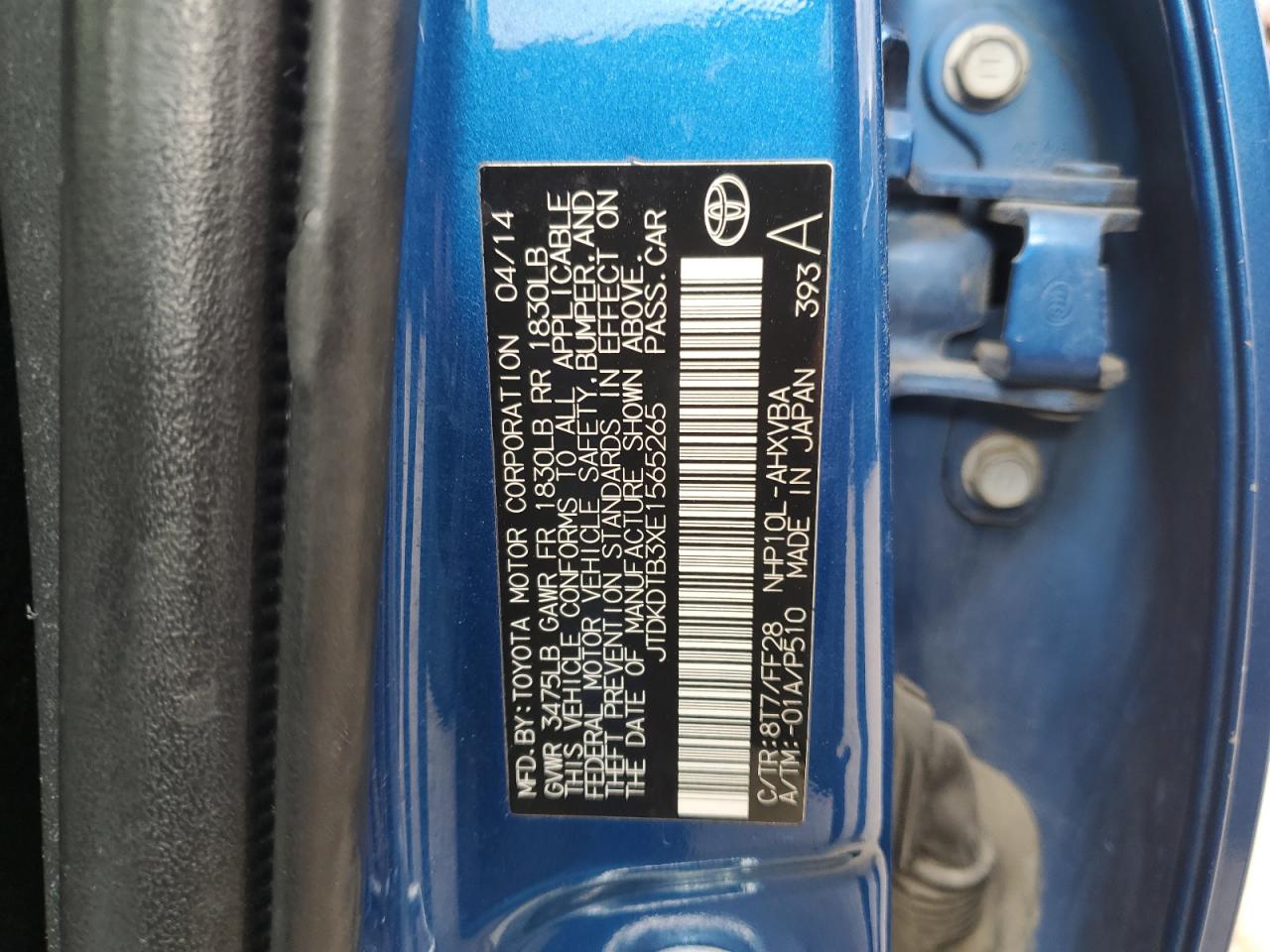 2014 Toyota Prius C VIN: JTDKDTB3XE1565265 Lot: 90827225