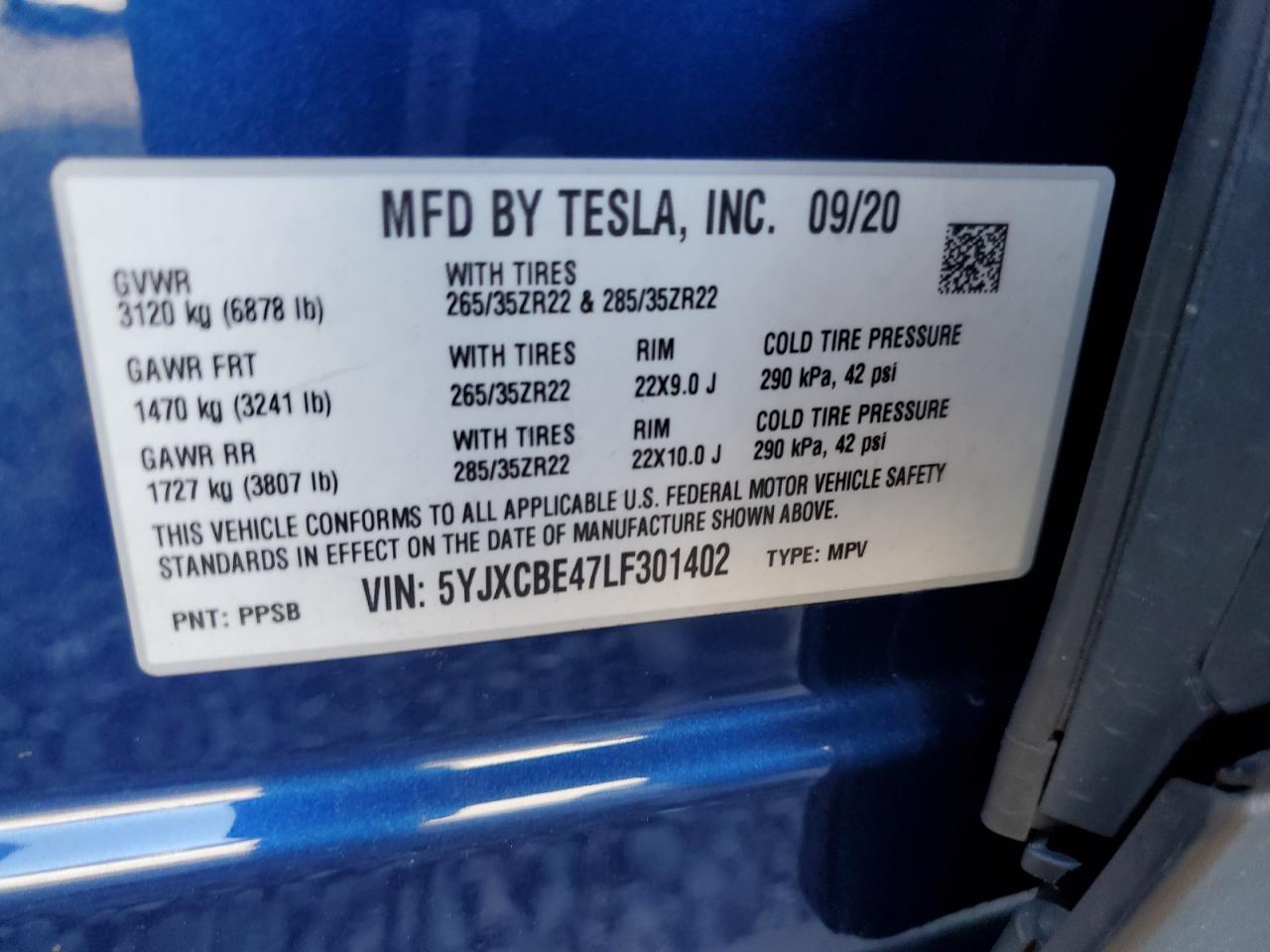2020 Tesla Model X VIN: 5YJXCBE47LF301402 Lot: 87301255