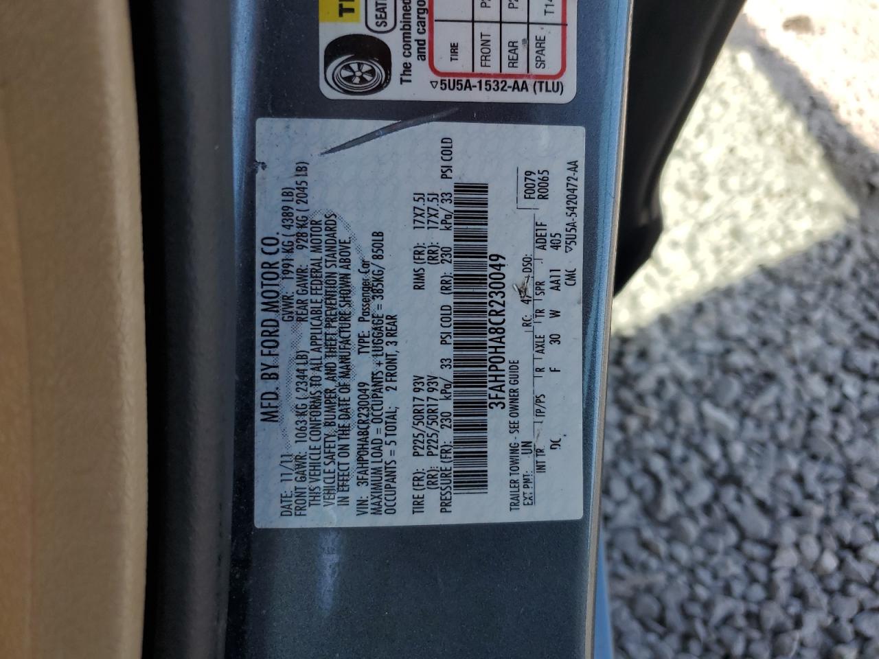 2012 Ford Fusion Se VIN: 3FAHP0HA8CR230049 Lot: 82238905