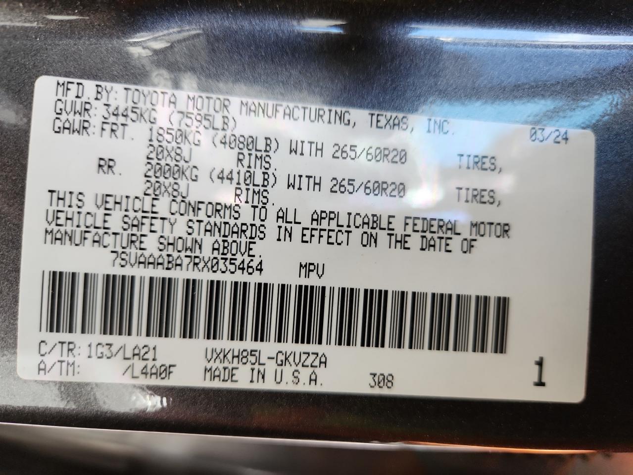 2024 Toyota Sequoia Sr5 VIN: 7SVAAABA7RX035464 Lot: 82376985