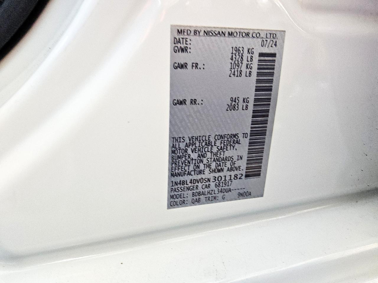 2025 Nissan Altima Sv VIN: 1N4BL4DV0SN301182 Lot: 85588165