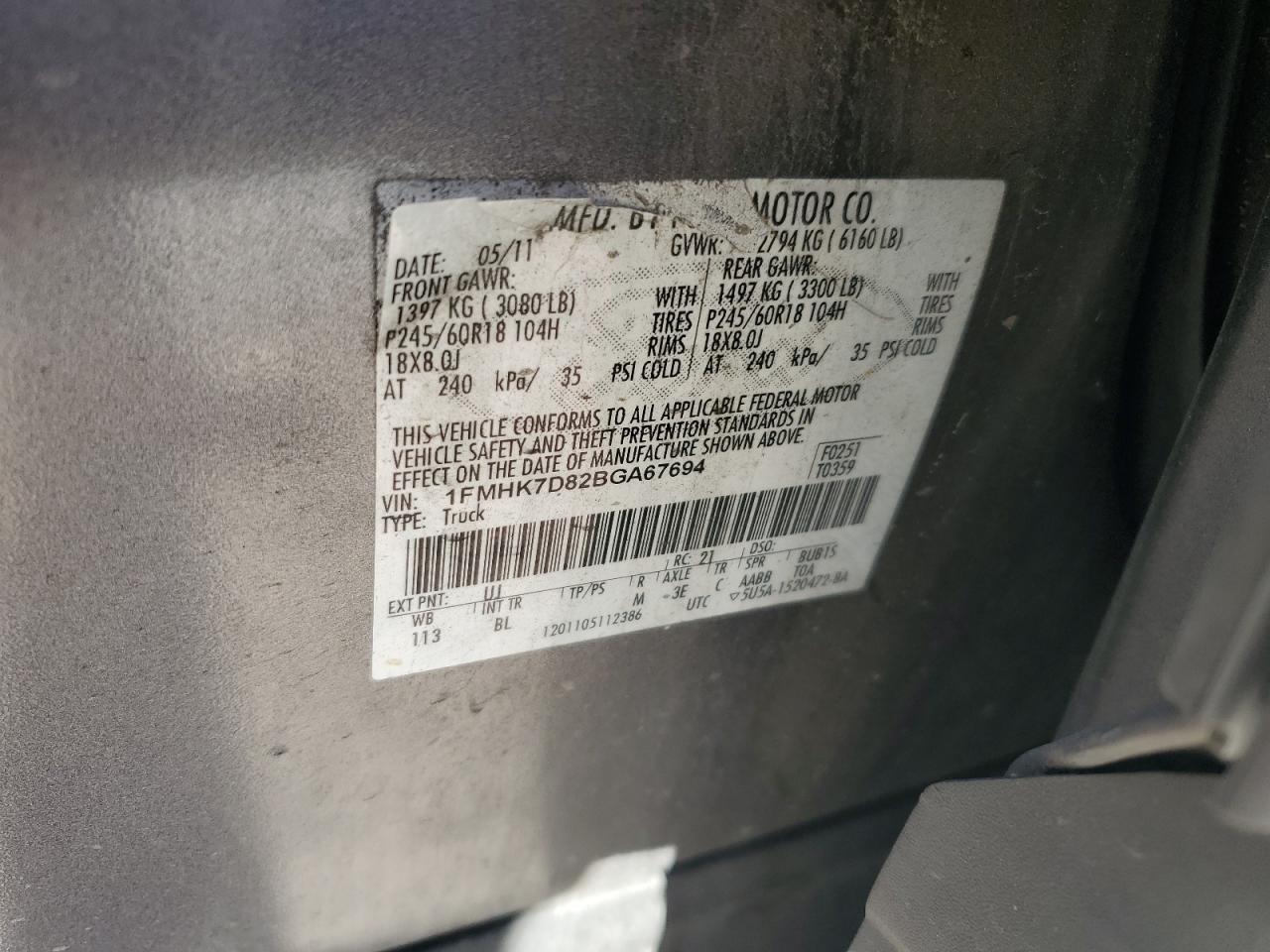 2011 Ford Explorer Xlt VIN: 1FMHK7D82BGA67694 Lot: 85348565