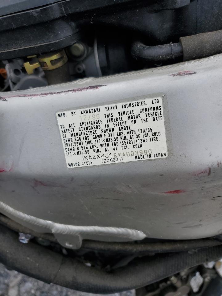 2000 Kawasaki Zx600 J1 VIN: JKAZX4J18YA003990 Lot: 85351935